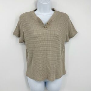 Vintage Y2K Tan Henley Short Sleeve Shirt Size Large Basics Plain Early 2000s